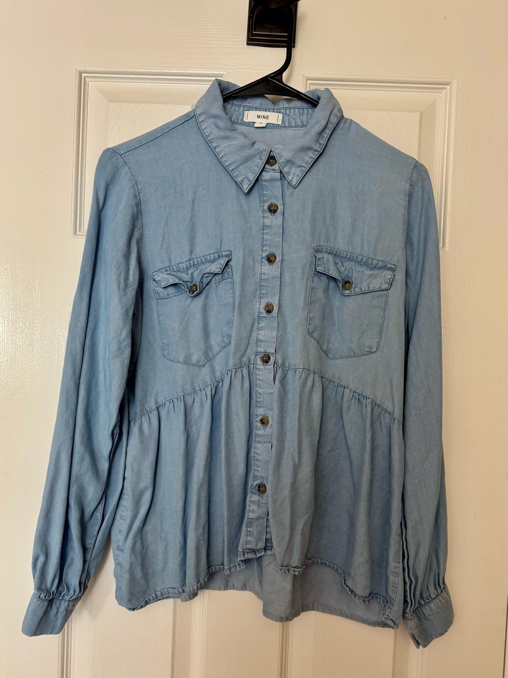 mine Light Blue Denim Button-Front Peplum Shirt